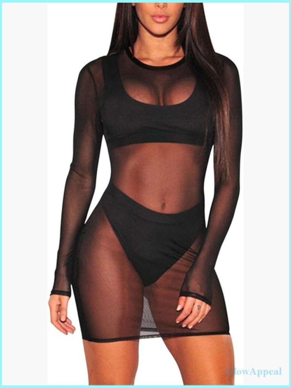 Women's Sheer Mesh Long Sleeve Bikini Cover Up Bodycon Dress